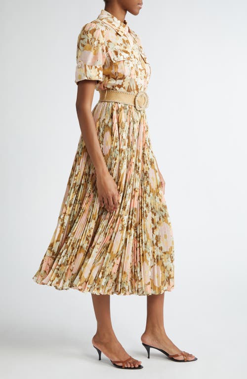 Shop Zimmermann Pop Pleated Midi Shirtdress In Gold/peach Floral