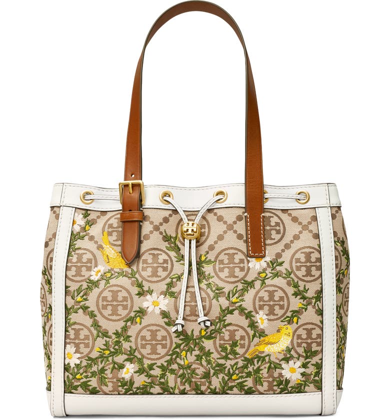 TORY BURCH T Monogram Floral Embroidered Tote, Main, color, HAZEL / GARDENIA