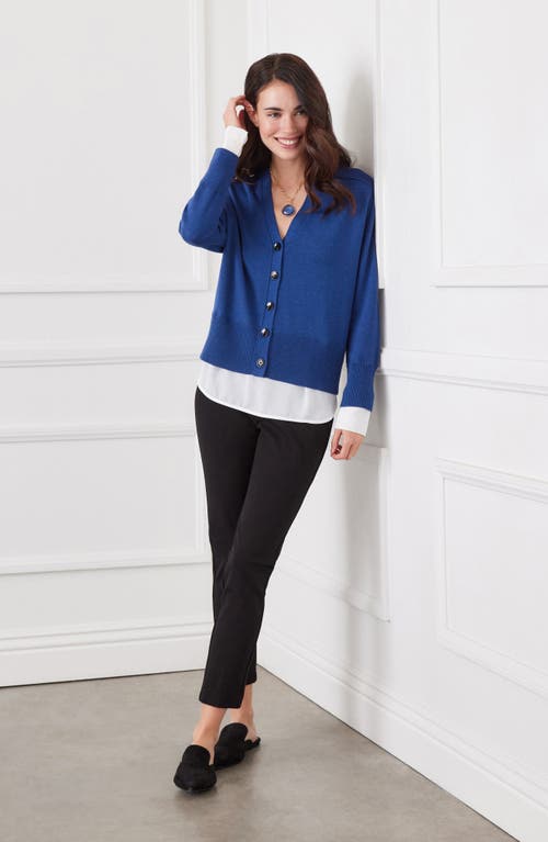 Shop Karen Kane Mixed Media Layered Cardigan In Dark Blue