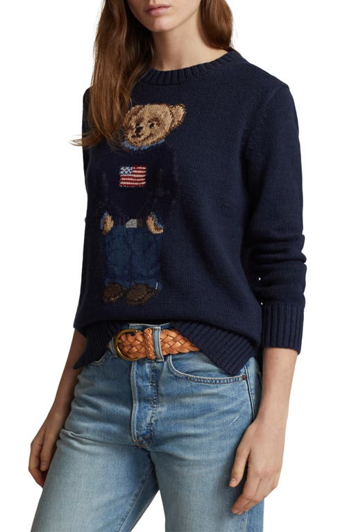 Shop Polo Ralph Lauren Bear Graphic Cotton & Linen Crewneck Sweater In Navy Multi