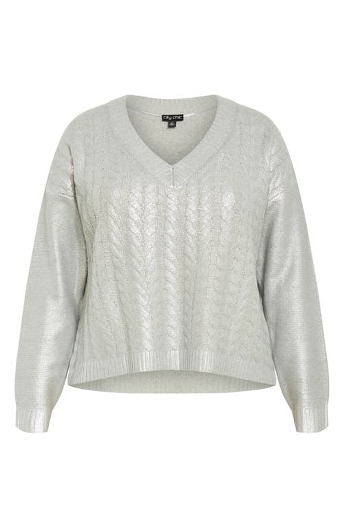 Shop City Chic Iliana Metallic Cable Stitch Sweater In Silver