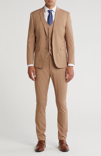Gino Vitale Skinny Fit Solid Stretch Three Piece Suit In Tan