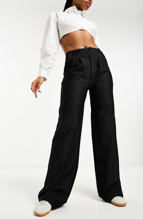 Black Pinstripe High Waist Straight Leg Pants
