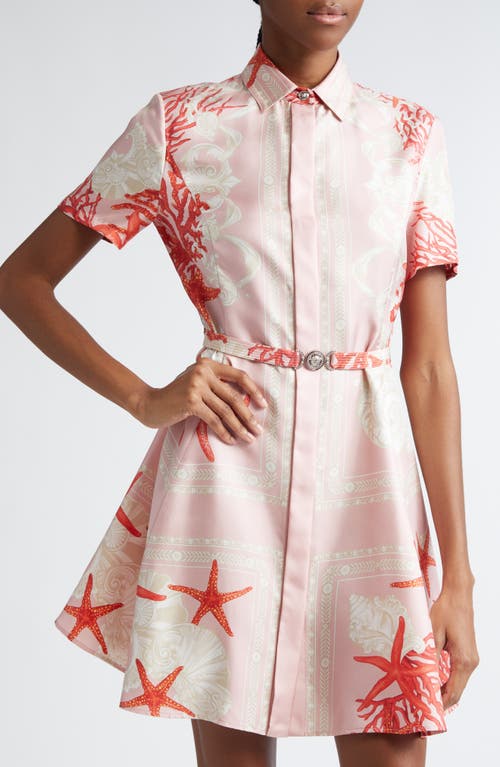 Shop Versace Barocco Sea Print Silk Satin Shirtdress In Dusty Rose Coral Bone