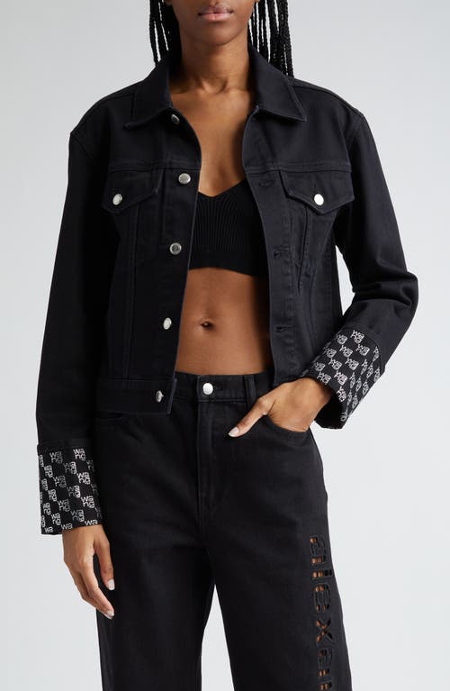 Alexander Wang Crystal Logo Cuff Denim Trucker Jacket Washed Black at Nordstrom,