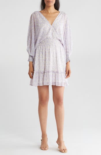 Shop Lovestitch V-neck Long Sleeve Minidress In Natural/lilac