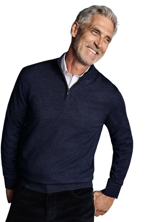 Shop Charles Tyrwhitt Pure Merino Zip Neck Sweater In Ink Blue