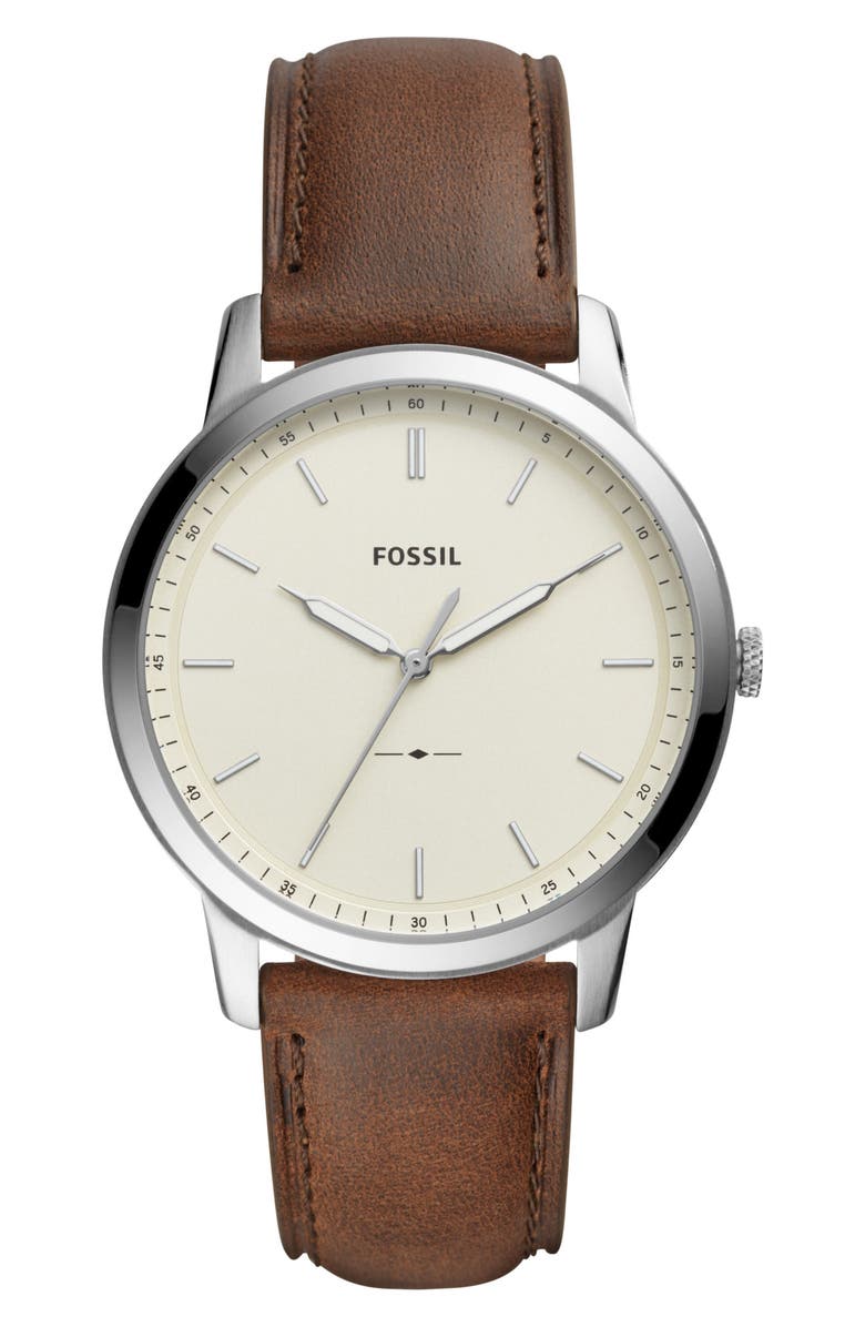 FOSSIL Minimalist Leather Strap Watch, 44mm, Main, color, BROWN/ BEIGE/ SILVER