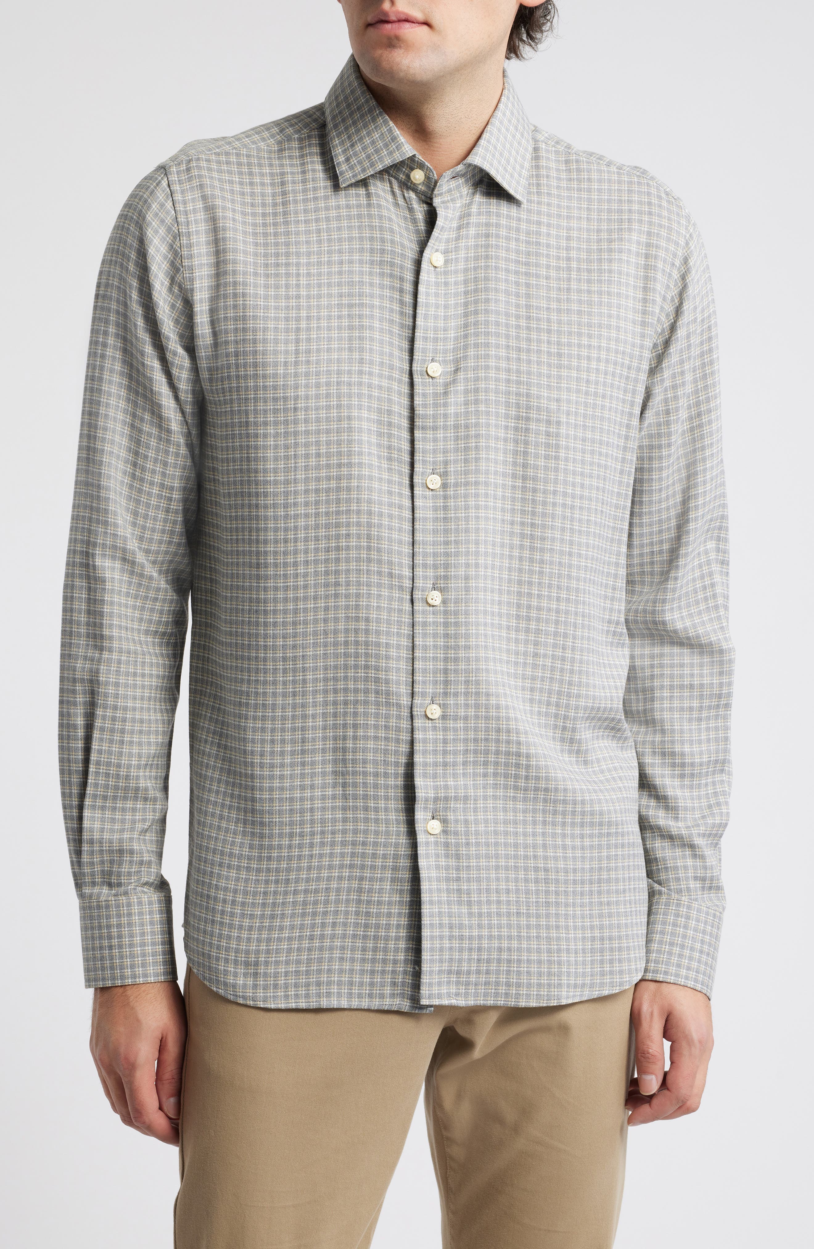 Scott Barber Plaid Cotton & Wool Button-Up Shirt in Grey Heather 
