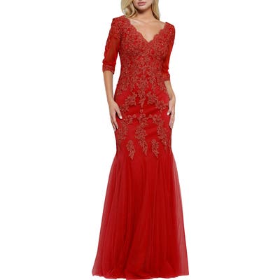 Marsoni Godet Lace & Chiffon Trumpet Gown, Red