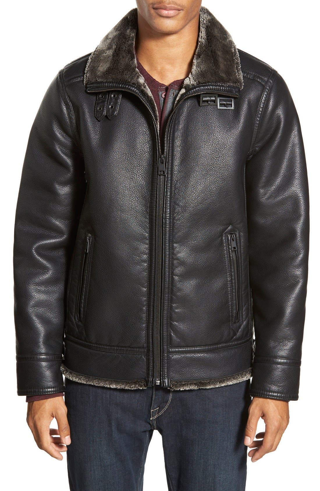 Black Rivet Faux Leather Aviator Jacket with Faux Fur Trim Nordstrom