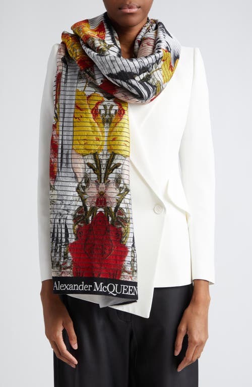 Alexander McQueen Floral Skeleton Wool & Silk Scarf in Ivory/Red at Nordstrom