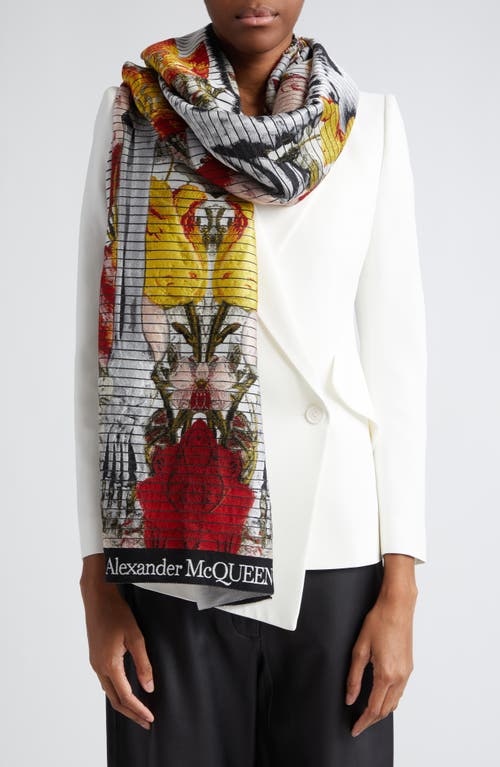 Shop Alexander Mcqueen Floral Skeleton Wool & Silk Scarf In Ivory/red