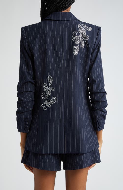 Shop Cinq À Sept Khloe Beaded Paisley Detail Pinstripe Blazer In Navy/ivory