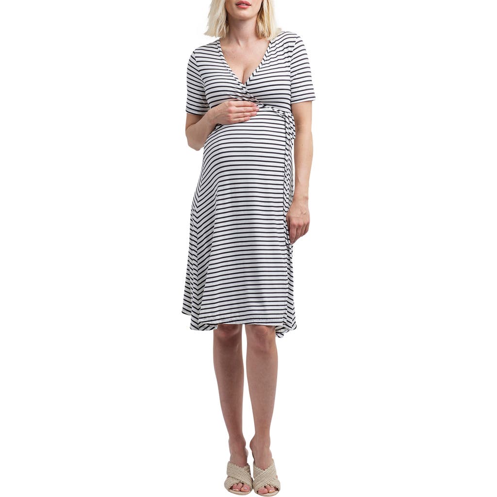 Nom Maternity Maya Maternity/nursing Wrap Dress In Black/white Stripe