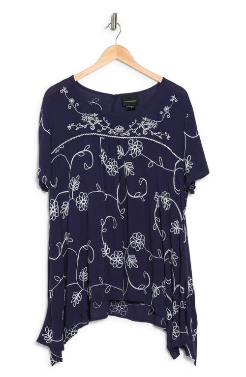 Shop Forgotten Grace Floral Embroidered Sharkbite Tunic Blouse In Navy/white