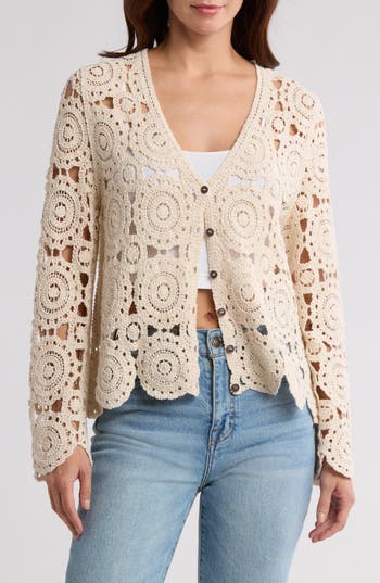 FORGOTTEN GRACE FORGOTTEN GRACE CROCHET CIRCLE BUTTON FRONT CARDIGAN