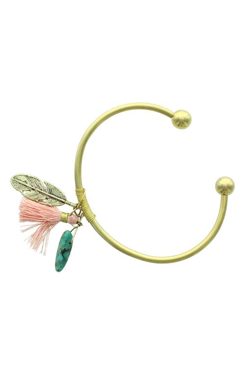 Shop Olivia Welles Feather And Tassel Charm Cuff In Burnished Gold/turquoise