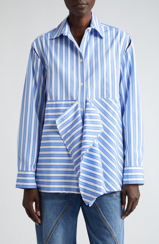 Shop Jw Anderson Stripe Long Sleeve Draped Peplum Shirt In Blue/ White