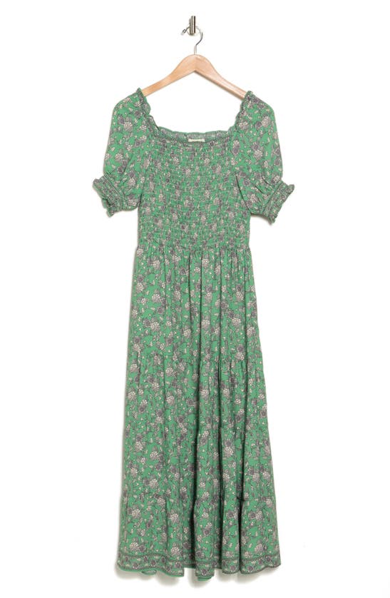 Max Studio Printed Smocked Bodice Tiered Maxi Dress In Green Wildflower ...