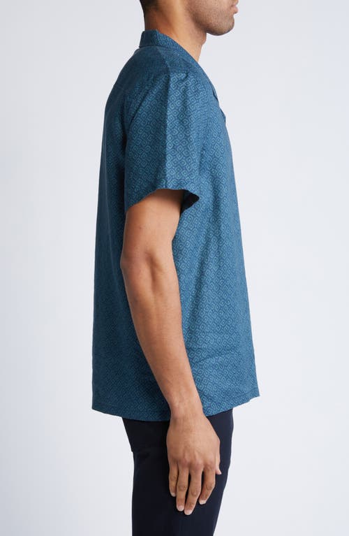 Shop Nordstrom Regular Fit Geo Pattern Linen Blend Camp Shirt In Navy- Teal Abstract Diamonds