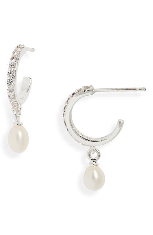 Pearl Charm Cubic Zirconia Hoop Earrings in Silver