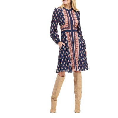 Gal Meets Glam Collection Carlene Print Button Front Long Sleeve Dress, Blue
