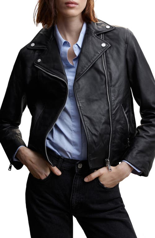 Mango Leather Moto Jacket In Black