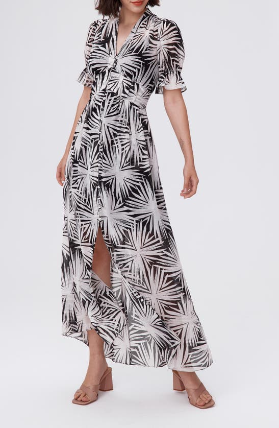 Shop Dvf Erica Palm Print Button-up Maxi Dress In Sea Holly Black