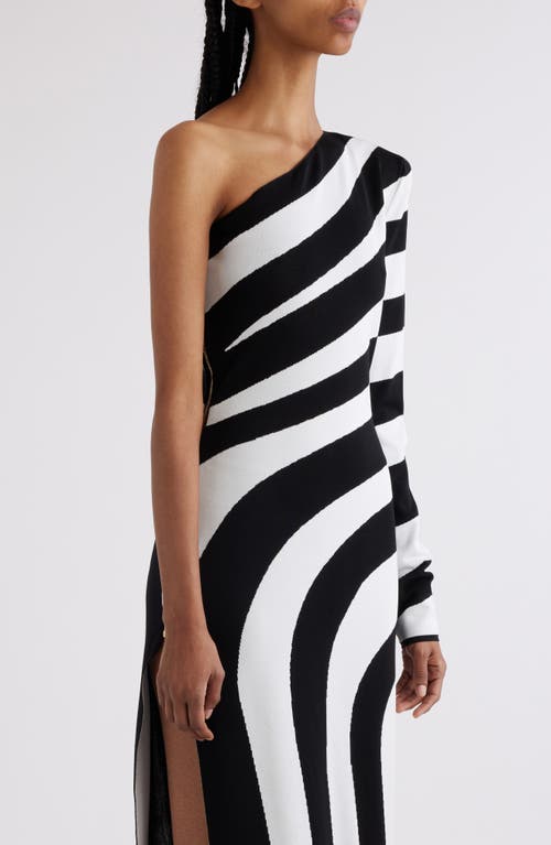 Shop Balmain Stripe One-shoulder Maxi Dress In Eab Black/white