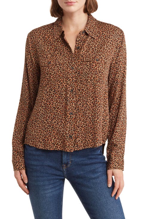 Print High-Low Woven Button-Up Shirt