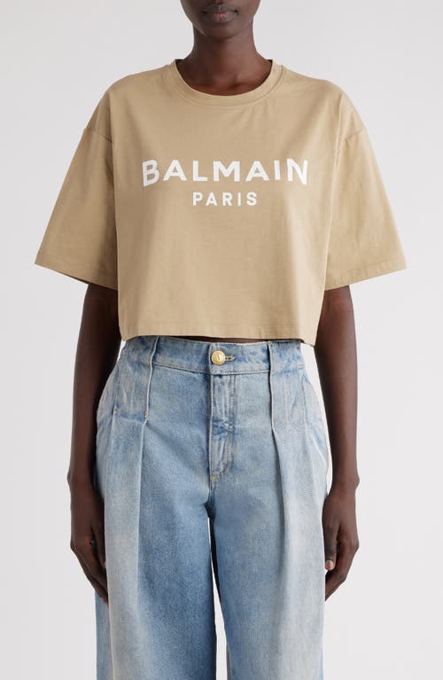 Balmain Logo Crop Cotton Graphic T-shirt In Gvq Beige/ White