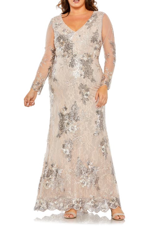 Sequin Embroidered Illusion Long Sleeve Gown (Plus Size)