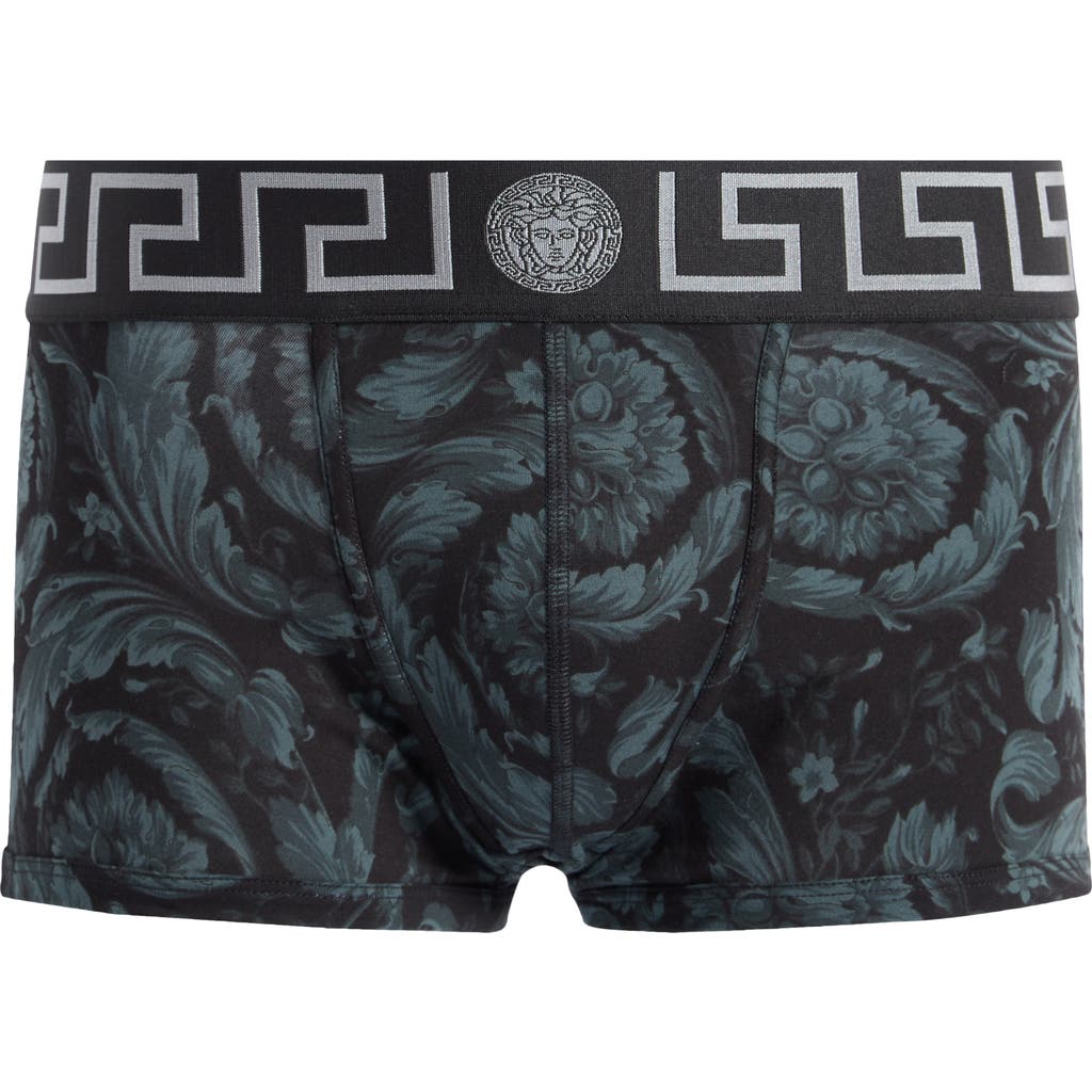 Versace Black Boxer Briefs With Barocco Print In Stretch Cotton Manb In Black Grey