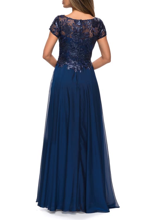 Shop La Femme Short Sleeve Metallic Lace Evening Dress With Chiffon Skirt In Navy