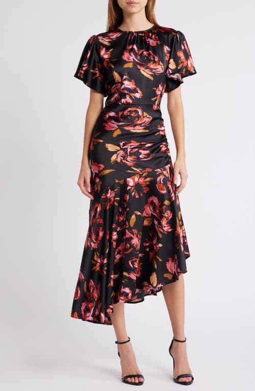 Chelsea28 Flutter Sleeve Asymmetric Hem Dress In Black- Rust Tia Floral