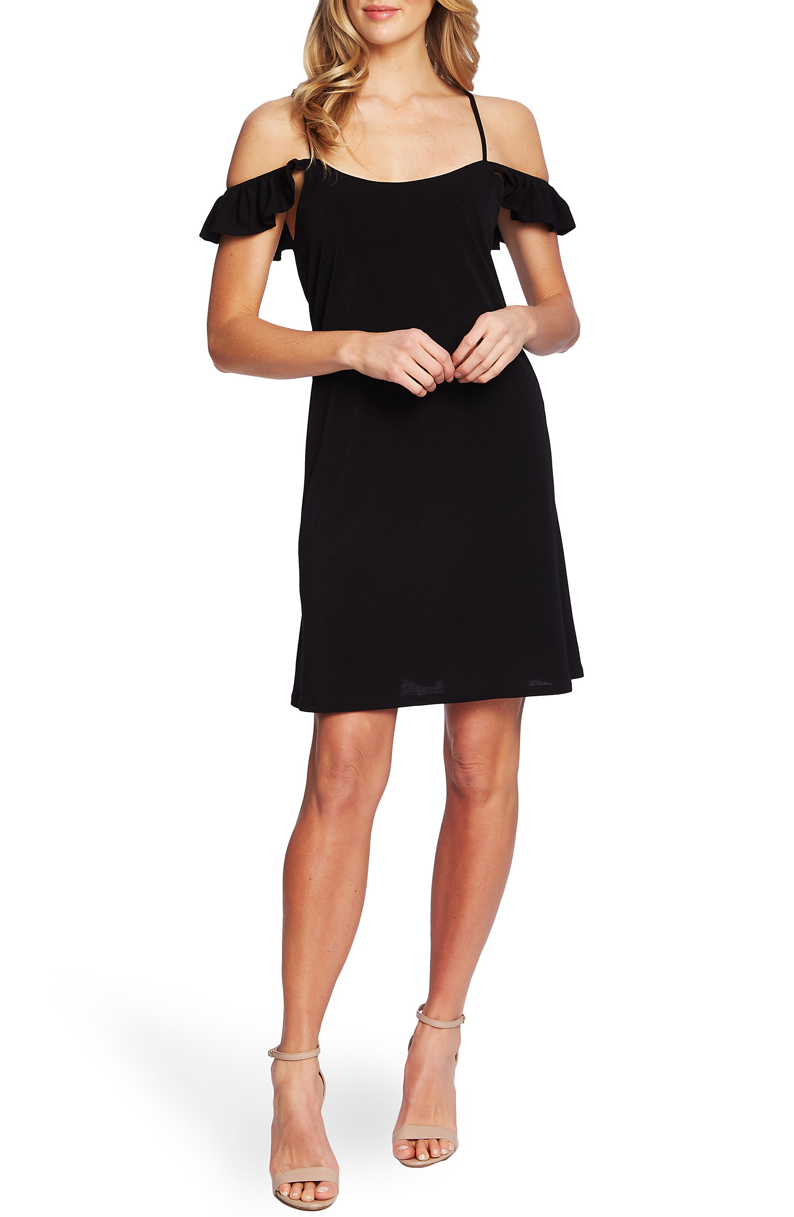 Cece Cold Shoulder Ruffle Detail Shift Dress, Black