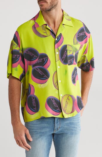 Diet Starts Monday Pill Short Sleeve Button-up Shirt In Volt Green