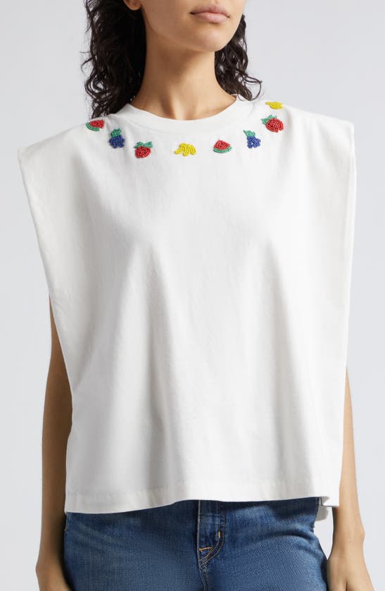 Shop Farm Rio Fruit Bead Embellished Cotton Muscle T-shirt In White