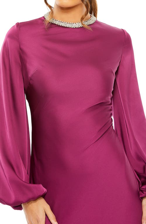 Shop Mac Duggal Long Sleeve Satin Sheath Gown In Berry