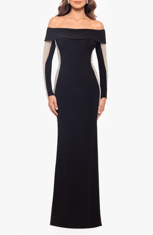 Shop Xscape Evenings Beaded Long Sleeve Off The Shoulder Jersey Gown In Black/beige/silver