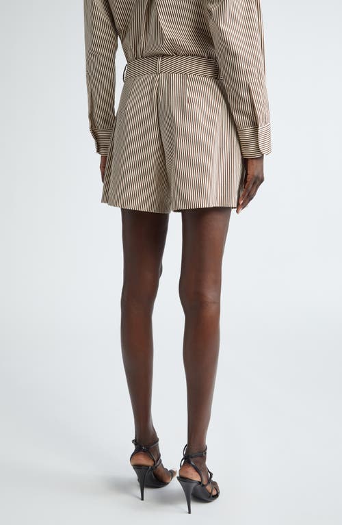 Shop Brandon Maxwell The Essie Pleated Stripe Cotton Shorts In Chocolate Stripe