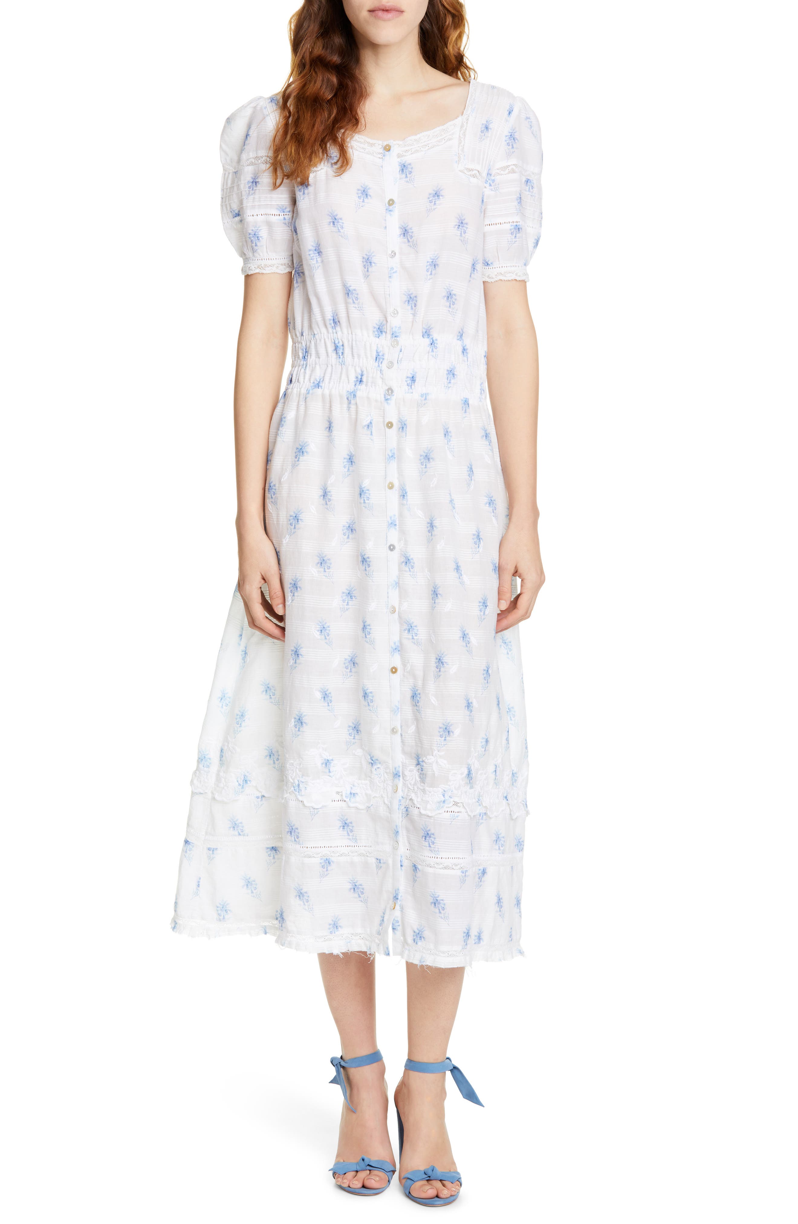 Loveshackfancy Sandy Lace Inset Midi Dress, Blue
