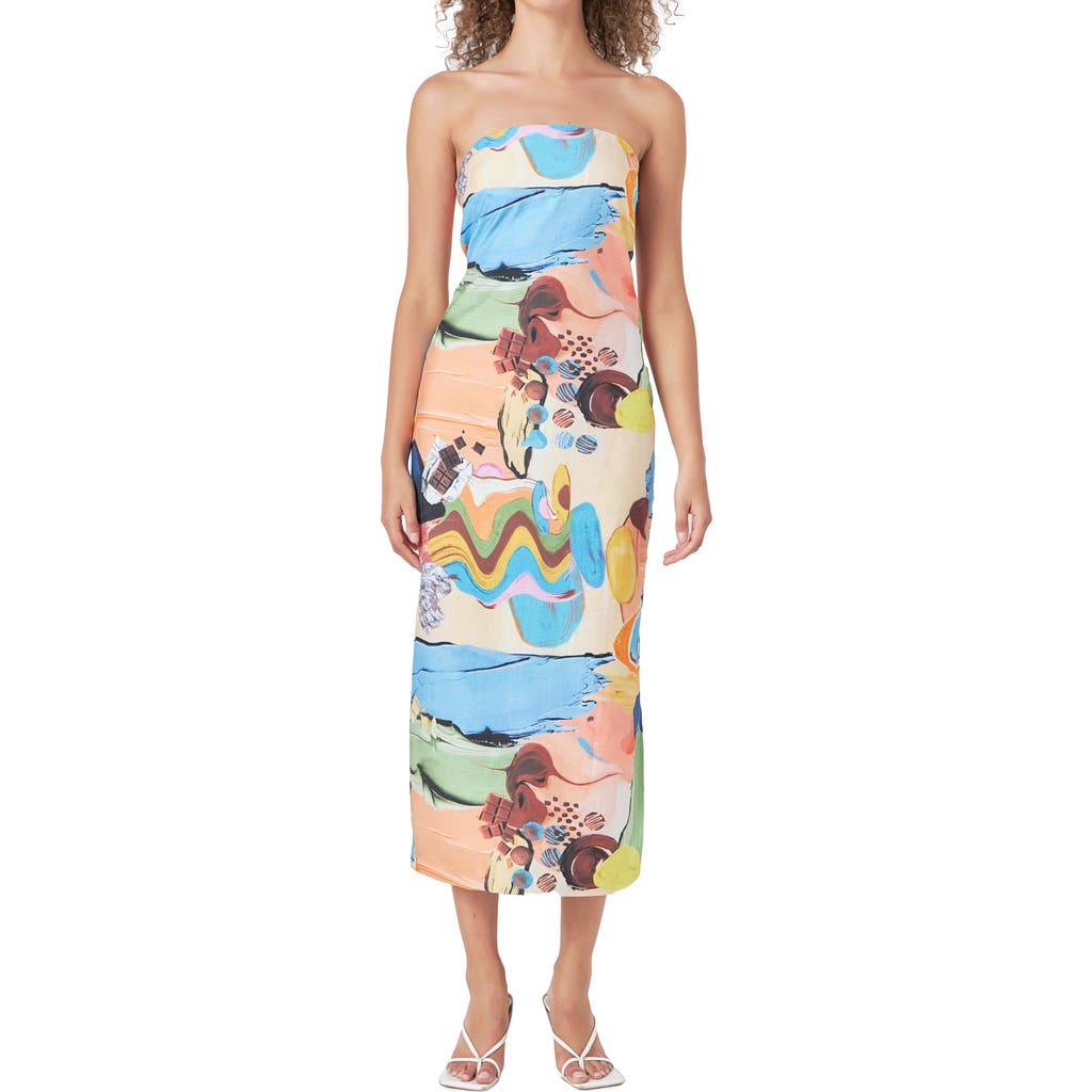 Endless Rose Abstract Print Strapless Dress In Beige Multi