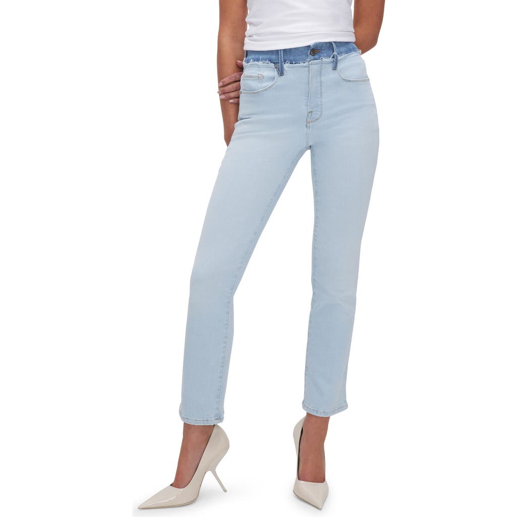 GOOD AMERICAN GOOD AMERICAN GOOD LEGS TWO-TONE HIGH WAIST ANKLE STRAIGHT LEG JEANS