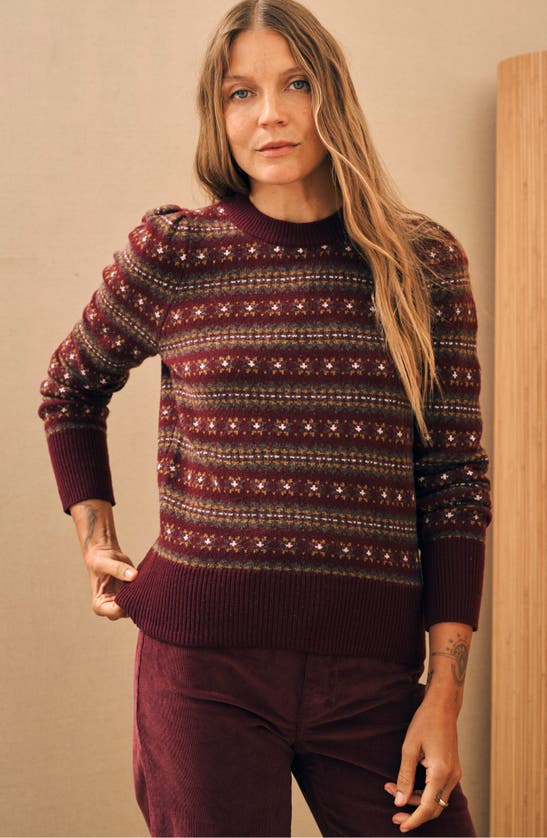 Faherty Highland Fair Isle Puff Sleeve Sweater In Maroon Multi