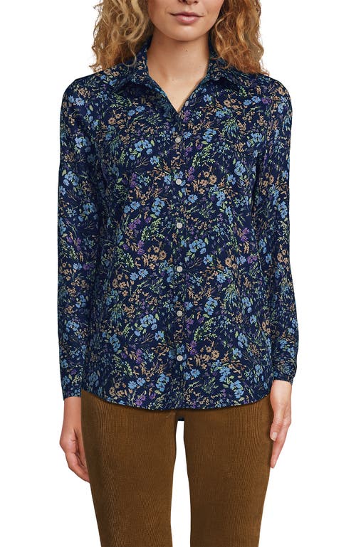 Shop Lands' End No Iron Supima Cotton Long Sleeve Shirt In Deep Sea Navy Wildflowers