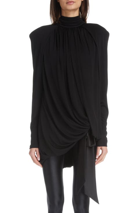 ruched curved-hem long-sleeve dress, Saint Laurent