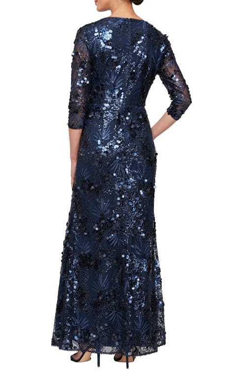 Alex Evenings Sequin Square Neck Trumpet Gown In Navy