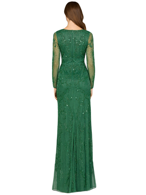 Lara New York -elegant Long Sleeve Beaded Gown In Forestgreen